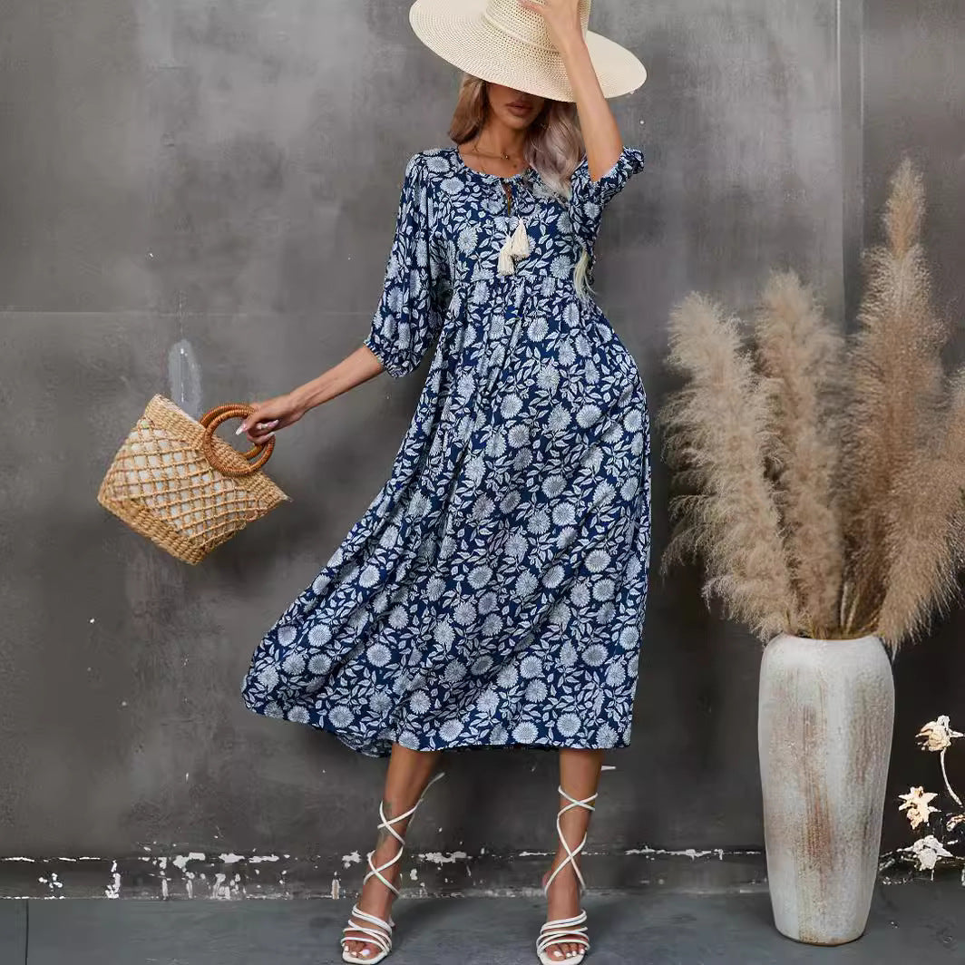 Damen Maxikleid mit grafischem Blumendesign und schwingendem Saum R&B