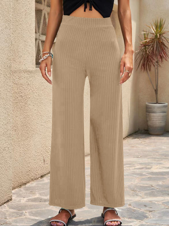 Damen Weite, gestreifte Plisseehose mit hohem Bund und elastischem Taillenbund R&B
