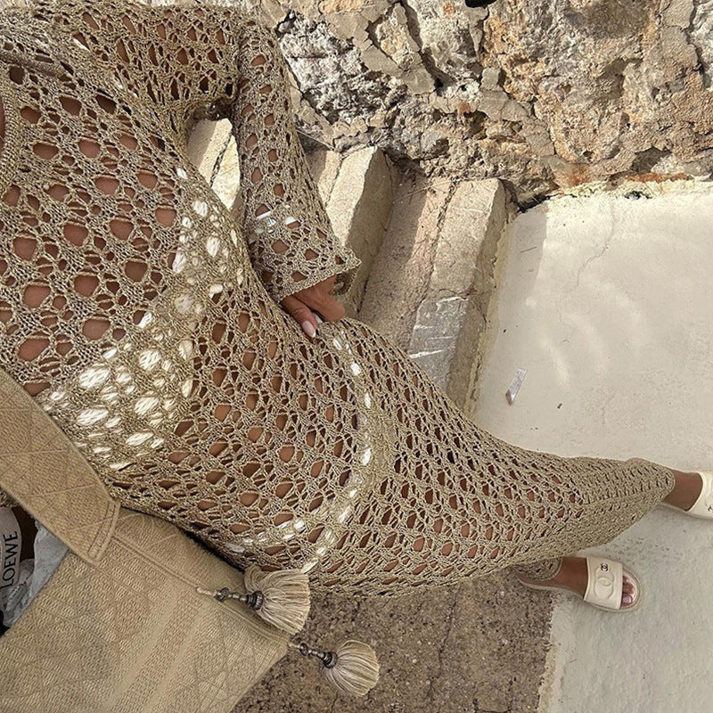 Damen Häkel-Strandkleid mit weiten Ärmeln und modernem Netzdesign R&B