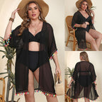 Damen transparenter Strandüberwurf mit buntem Quastenrand R&B