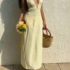 Damen Maxikleid mit tiefem V-Ausschnitt und raffiniertem Streifenmuster R&B