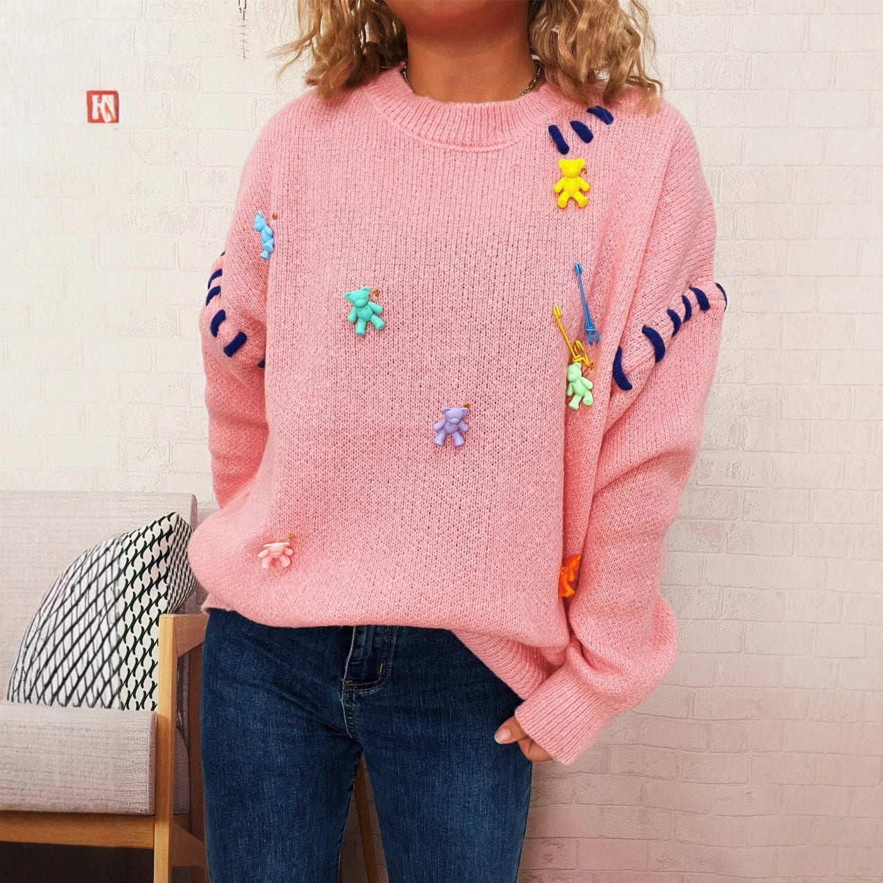 Damen Pullover mit verspieltem Bären-Motiv und dekorativen Applikationen R&B