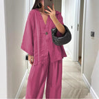 Damen nan entspanntes Zweiteiler-Leinenensemble mit kimonoartiger Oversize-Jacke und weiter Palazzohose R&B