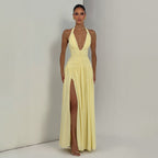 Damen Maxikleid mit tiefem V-Ausschnitt und seitlichem Schlitz R&B