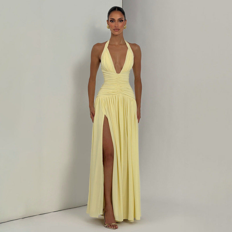Damen Maxikleid mit tiefem V-Ausschnitt und seitlichem Schlitz R&B