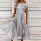 Damen nan fließendes Chiffon-Midikleid mit blumenbesticktem Oberteil und asymmetrischem Stufenrock R&B