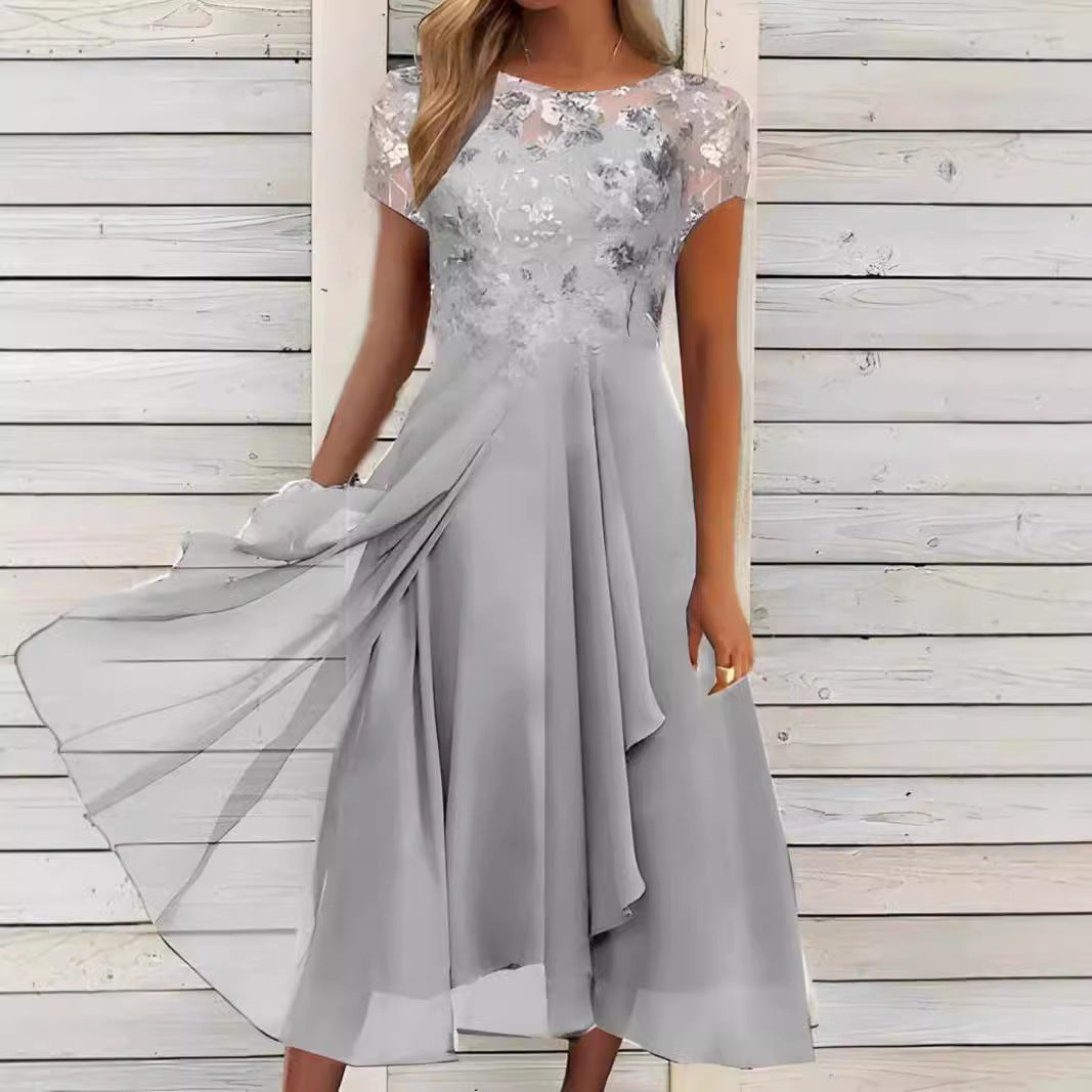 Damen nan fließendes Chiffon-Midikleid mit blumenbesticktem Oberteil und asymmetrischem Stufenrock R&B