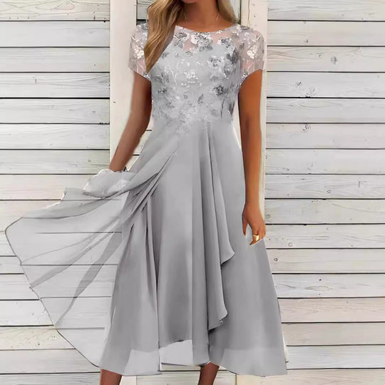 Damen nan elegantes Chiffon-Midikleid mit floraler Spitzenapplikation und fließendem Tellerrock R&B