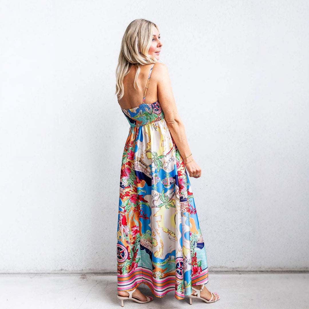 Damen Sommerliches Maxikleid mit auffälligem Grafikdesign und Spaghettiträgern R&B