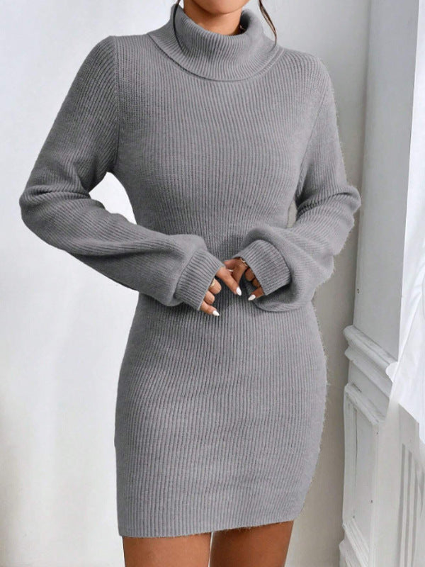 Damen Strickkleid mit hohem Kragen und langen Ärmeln R&B
