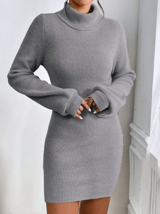 Damen Strickkleid mit hohem Kragen und langen Ärmeln R&B