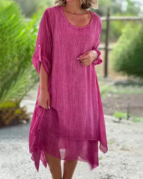 Damen nan weites Musselin-Midikleid mit rundem Halsausschnitt, krempelbaren halblangen Ärmeln und mehrlagigem Stufenrock R&B