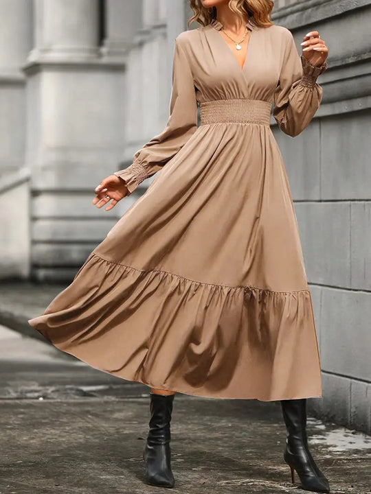 Damen Maxikleid mit elegantem V-Ausschnitt und voluminösen Ärmeln R&B