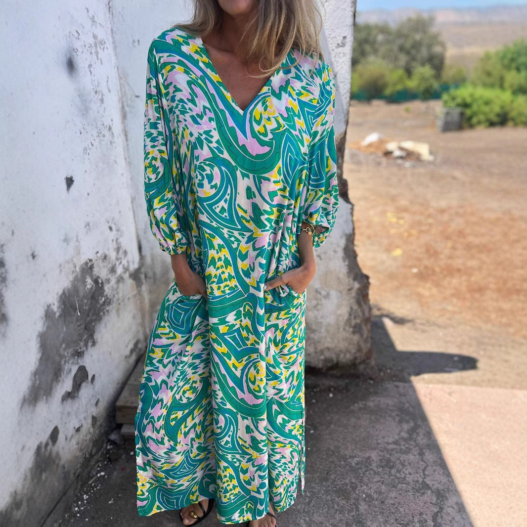 Damen Langarmkleid mit V-Ausschnitt und praktischen Taschen R&B