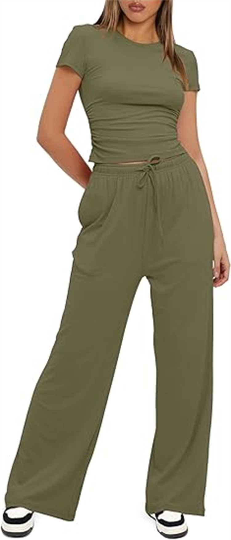 Damen lässiger Zweiteiler mit cropped Oberteil und weitem Beinkleid R&B