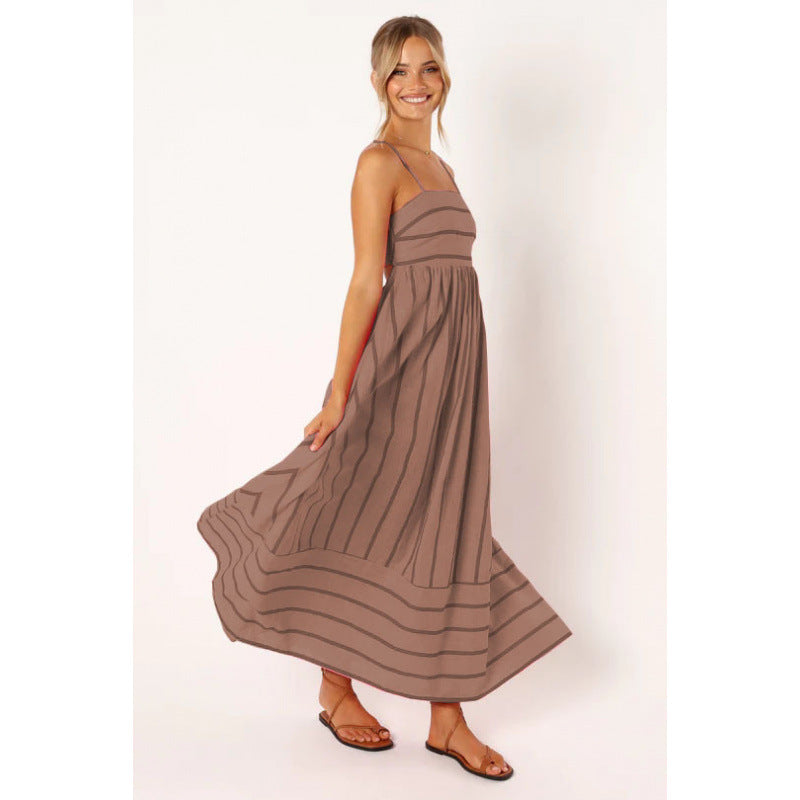 Damen Maxikleid mit feinen Streifen und elastischem Taillenbund R&B