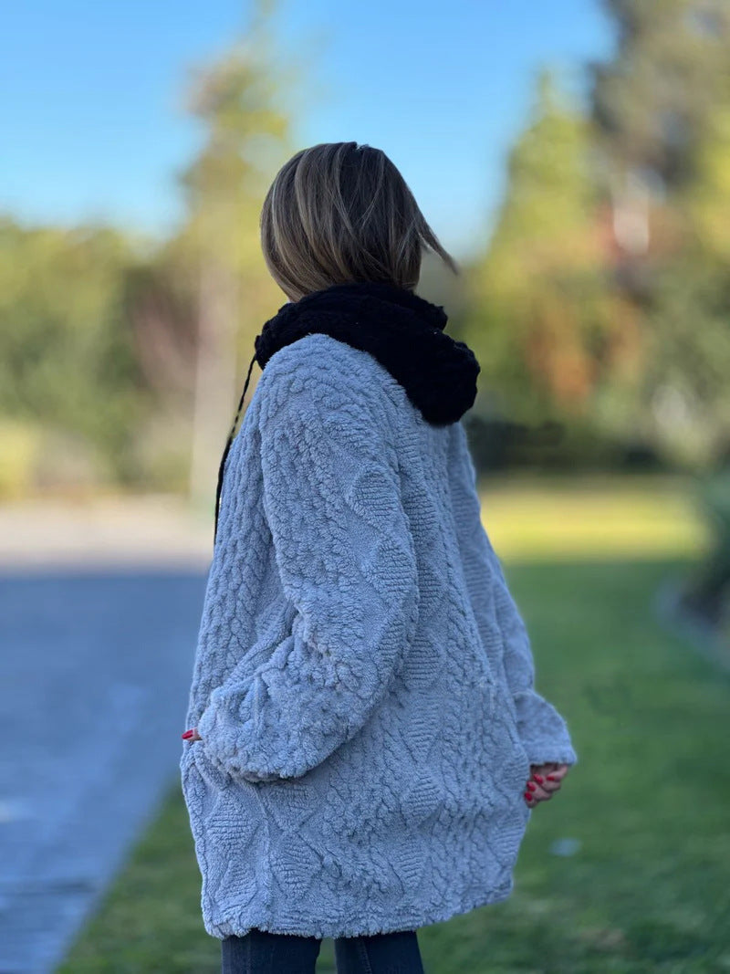 R&B | Lange Weinlese Kapuzen Fell Reißverschluss Gestrickte Jacke