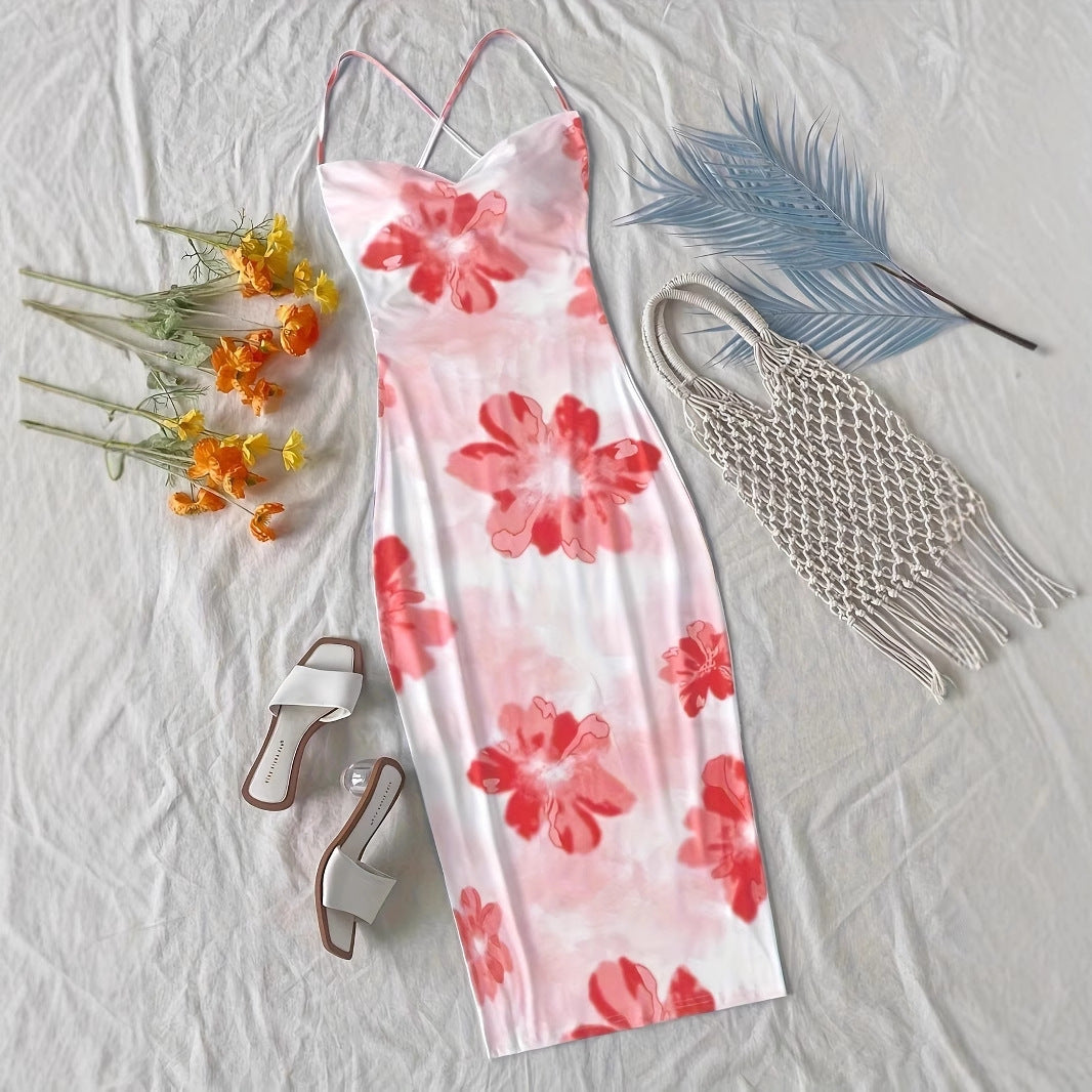Damen figurbetontes Maxikleid mit attraktiven Spaghettiträgern und floralen Mustern R&B