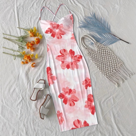 Damen figurbetontes Maxikleid mit attraktiven Spaghettiträgern und floralen Mustern R&B