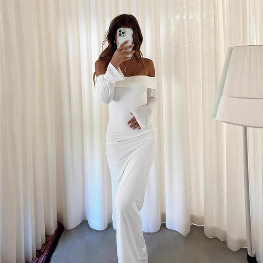 Damen Off-Shoulder Maxikleid mit langen Ärmeln und figurbetontem Schnitt R&B