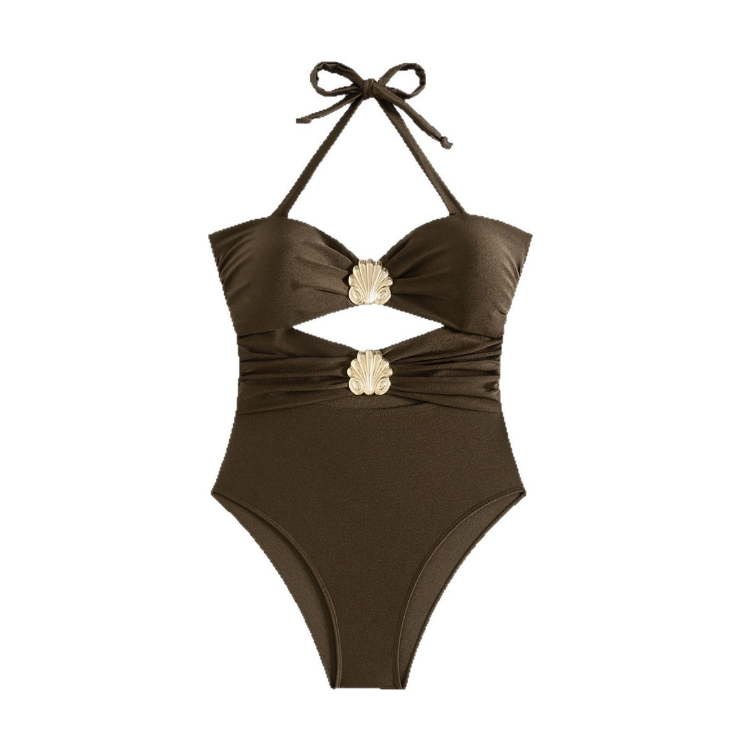 Damen Hochwertiger Einteiler Badeanzug mit stilvollem Wickeldesign und dekorativem Muschel-Detail R&B