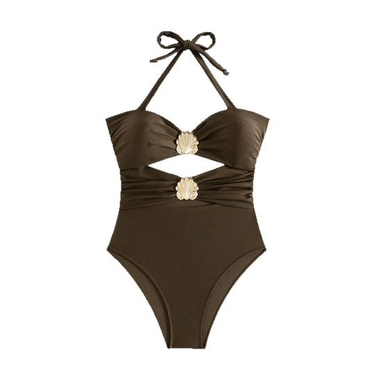 Damen Hochwertiger Einteiler Badeanzug mit stilvollem Wickeldesign und dekorativem Muschel-Detail R&B