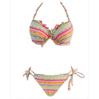 Damen Triangel-Bikini mit verspieltem Rüschendetail und buntem Streifenmuster R&B