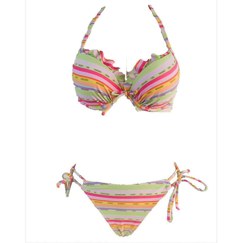 Damen Triangel-Bikini mit verspieltem Rüschendetail und buntem Streifenmuster R&B