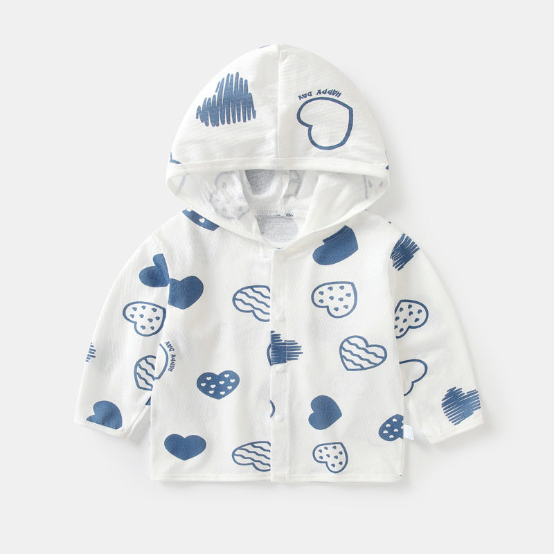 Unisex nan leichte Kapuzenjacke aus Baumwolle für Babys mit ganzflächigem Herzdruck und Druckknopfverschluss R&B