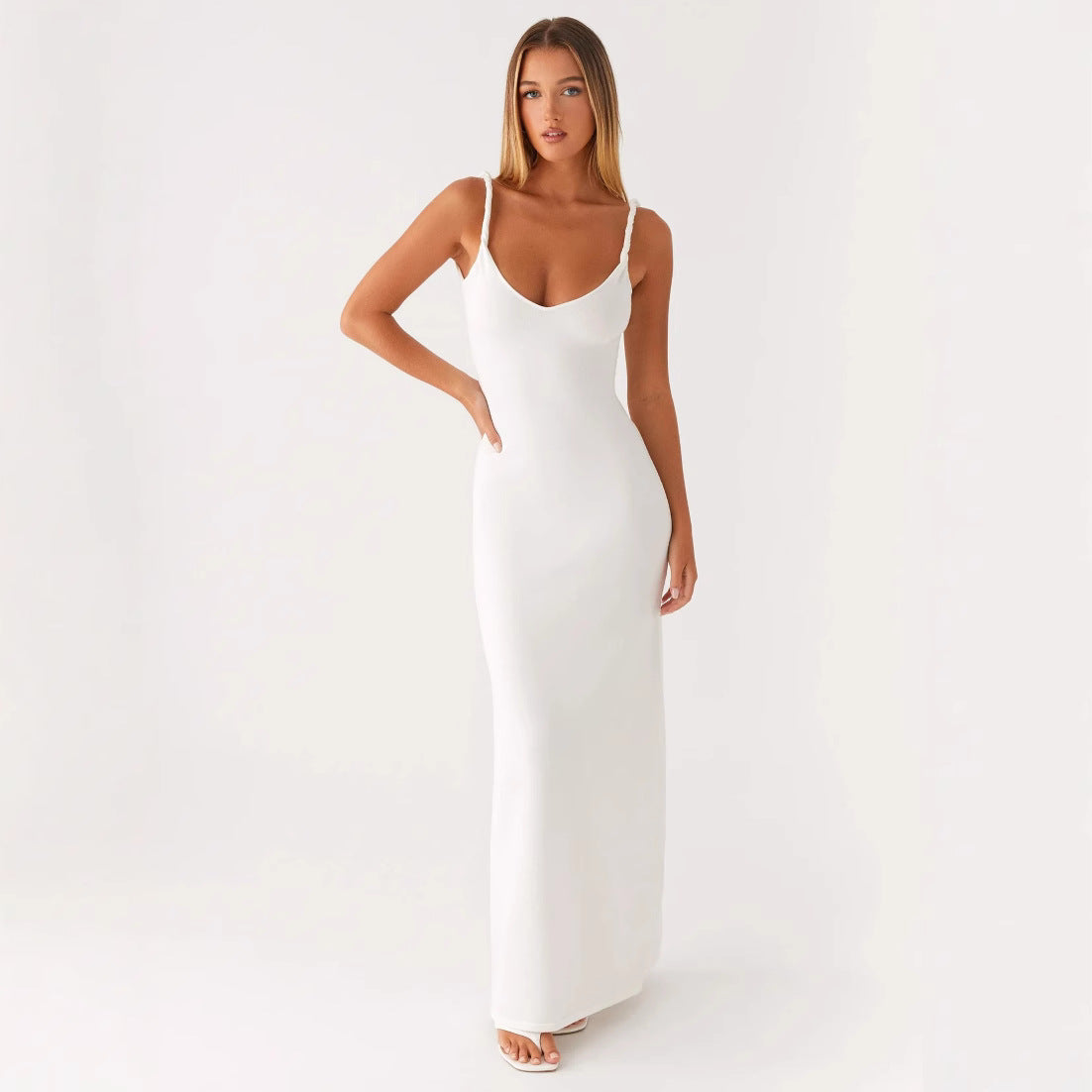 Damen Elegantes Maxirockkleid mit tiefem V-Ausschnitt und feinen Trägern R&B