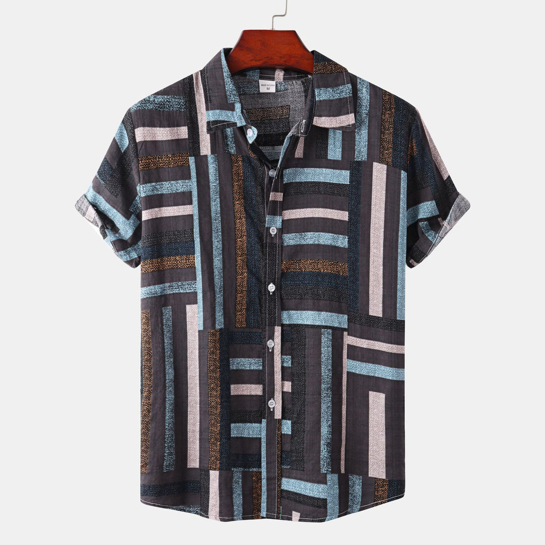 Herren Kurzarmhemd mit kreativem Patchwork-Muster und lockerer Passform R&B