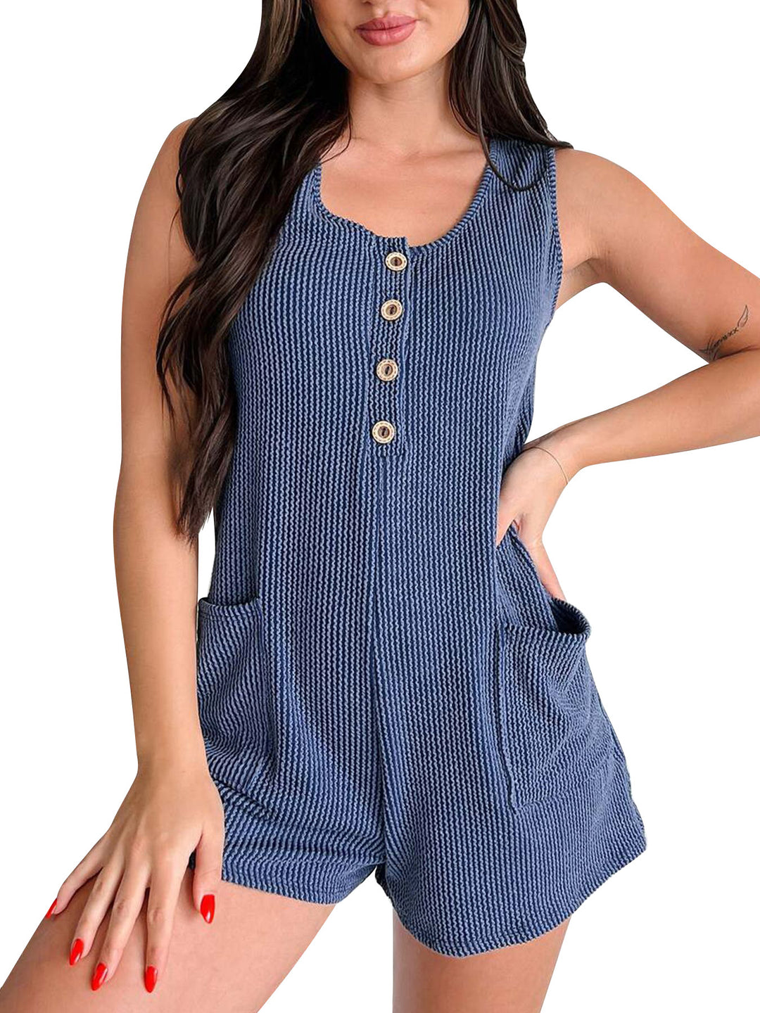 Damen Jumpsuit mit strukturiertem Muster und dekorativen Knöpfen R&B
