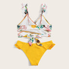 Damen Zweiteiliges Blumen-Bikini-Set mit tailliertem Oberteil und Rüschenslip