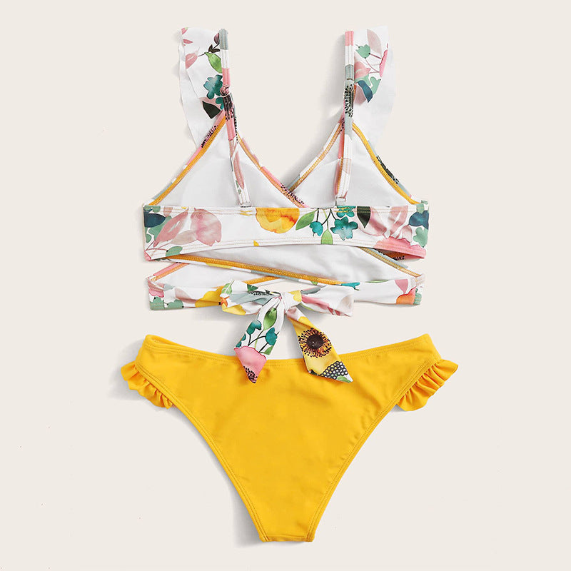 Damen Zweiteiliges Blumen-Bikini-Set mit tailliertem Oberteil und Rüschenslip