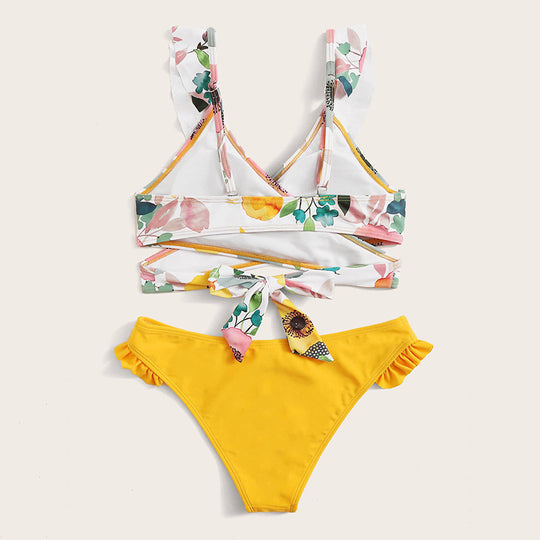 Damen Zweiteiliges Blumen-Bikini-Set mit tailliertem Oberteil und Rüschenslip R&B