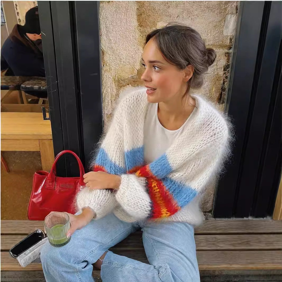 Damen lässiger Strickcardigan mit bunten Streifen und weitem Schnitt R&B