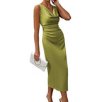 Damen ärmelloses Midikleid mit elegantem Wasserfallausschnitt R&B