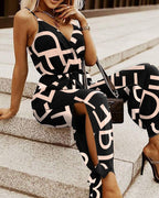Damen Modischer Jumpsuit mit tiefem V-Ausschnitt und elegantem Druck R&B