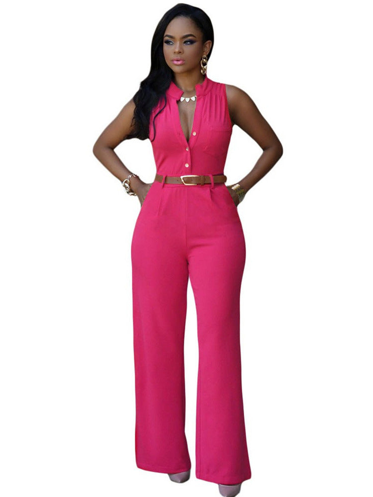 Damen Eleganter Jumpsuit mit Gürtel und Knopfdetail R&B
