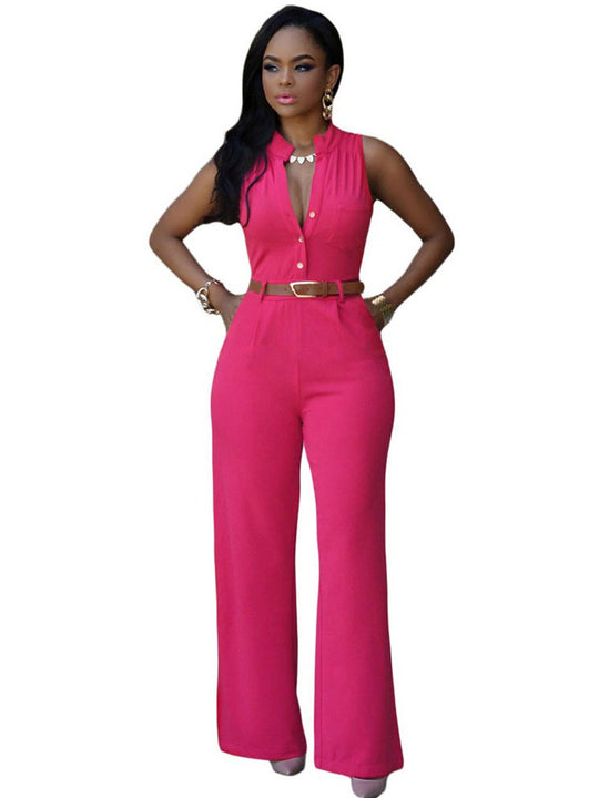 Damen Eleganter Jumpsuit mit Gürtel und Knopfdetail R&B