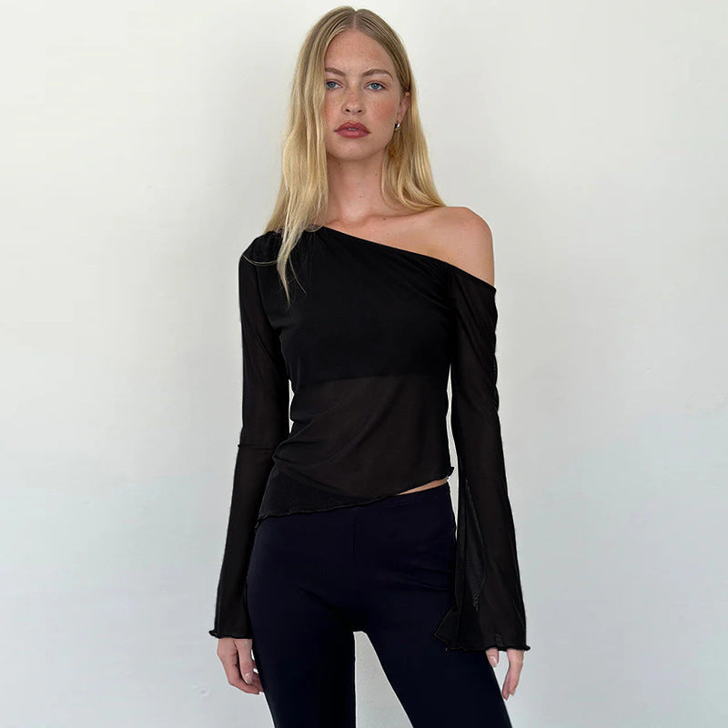 Damen asymmetrisches Langarmshirt mit transparenten Ärmeln und figurbetonter Silhouette R&B