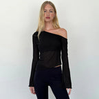 Damen asymmetrisches Langarmshirt mit transparenten Ärmeln und figurbetonter Silhouette R&B