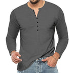 Herren nan Langarm-Henleyshirt mit elastischer Baumwollmischung, schmaler Passform und durchgehender Knopfleiste R&B