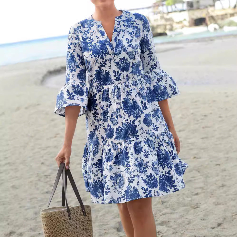 Damen Blumenkleid mit voluminösen Ärmeln und eleganter Passform R&B