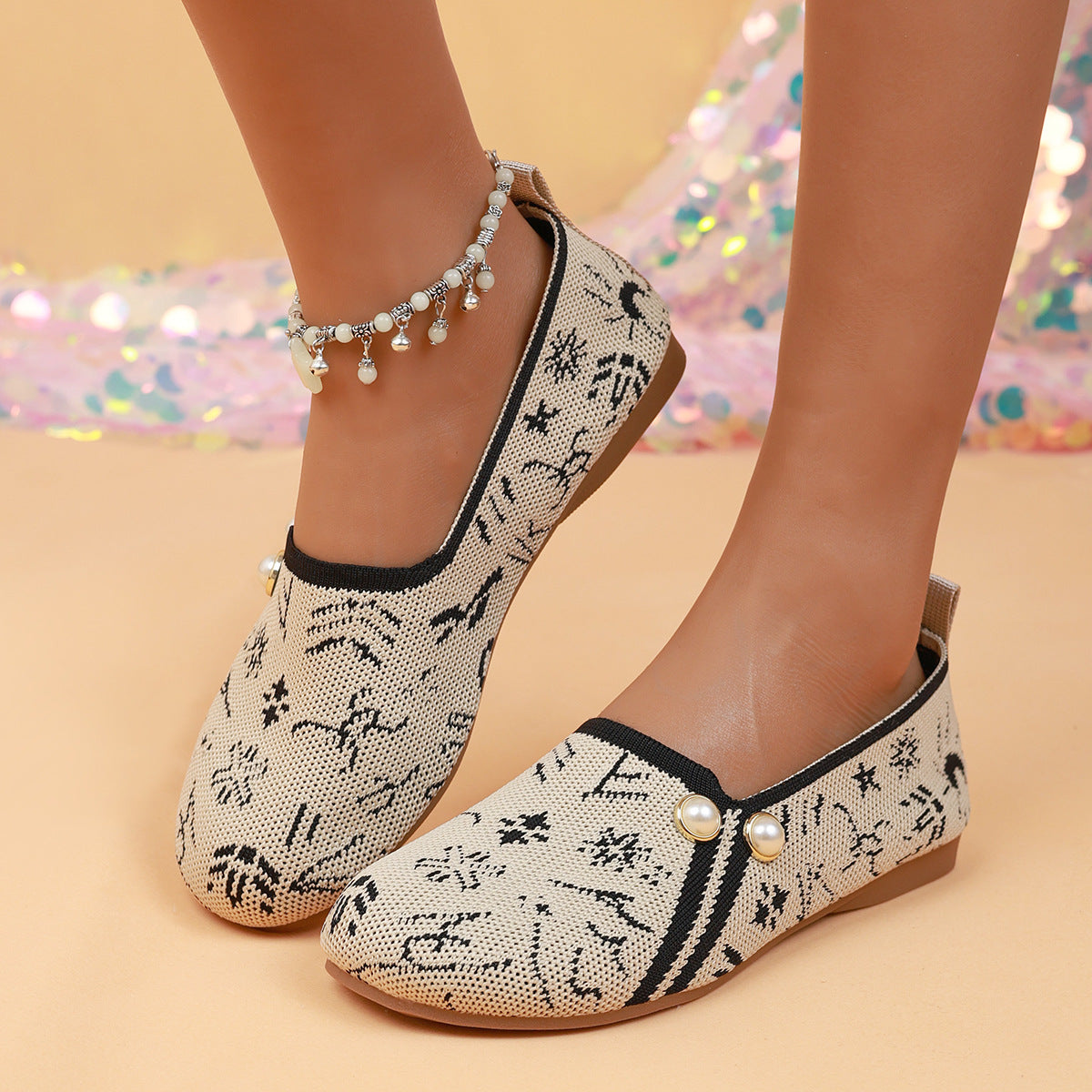 Damen Ballerinas mit modischem Ethno-Muster und dekorativen Perlen R&B