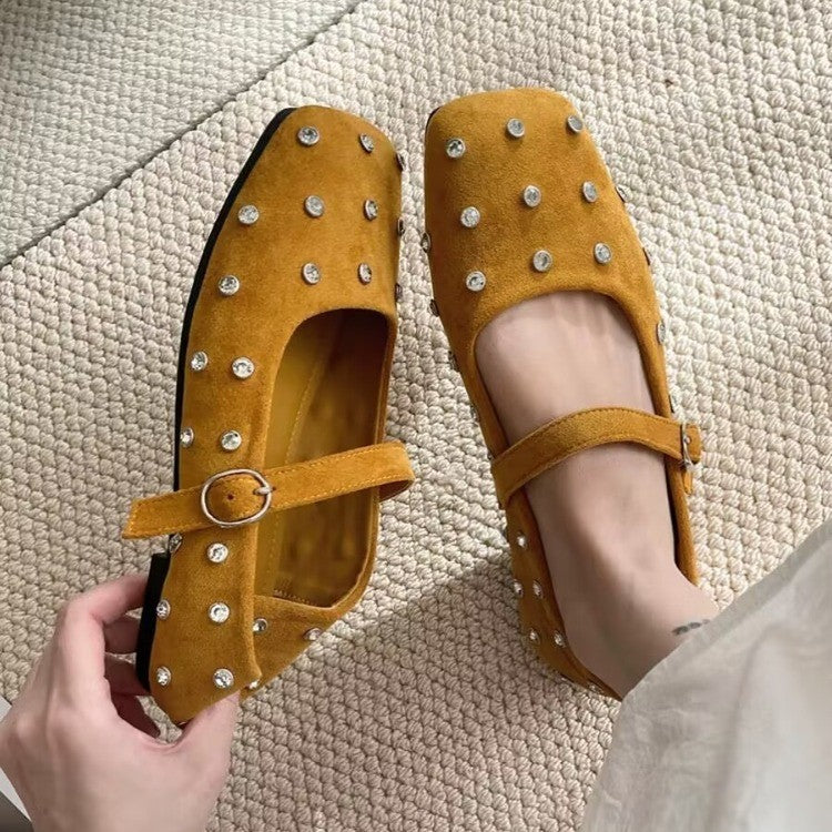 Damen elegante Ballerinas mit modischem Riemchen und glänzenden Strass-Applikationen R&B