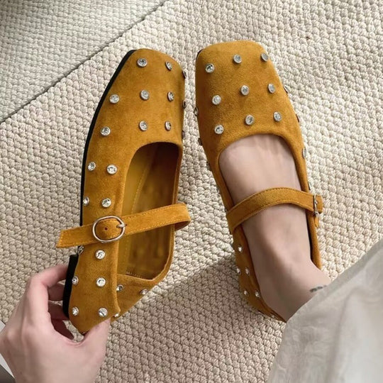 Damen elegante Ballerinas mit modischem Riemchen und glänzenden Strass-Applikationen R&B