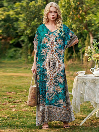 Damen Maxikleid mit elegantem floralem Muster und V-Ausschnitt R&B