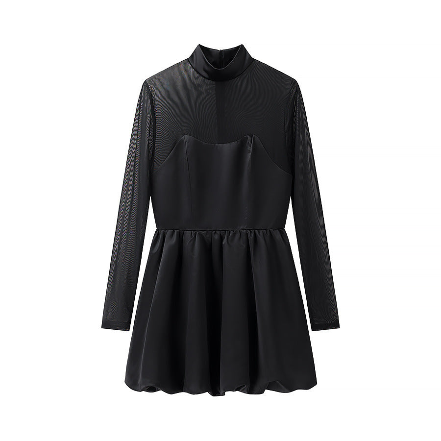 Damen elegantes Auftakt-Kleid mit transparenten Ärmeln und hohem Kragen R&B