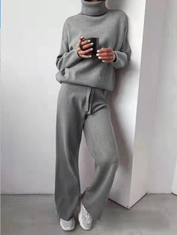 Damen kuscheliges Strick-Loungewear-Set mit weiten Hosen und elegantem Rundhalsausschnitt R&B